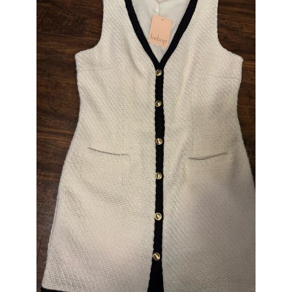 bebop Tweed V Neck Button Front Knee Length Dress White Black L - Picture 2 of 9